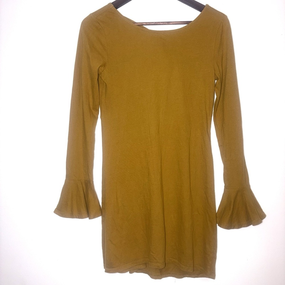 Free People FP Beach Womens Size Extra Small Bell Sleeve Tie Back Dress Mustard